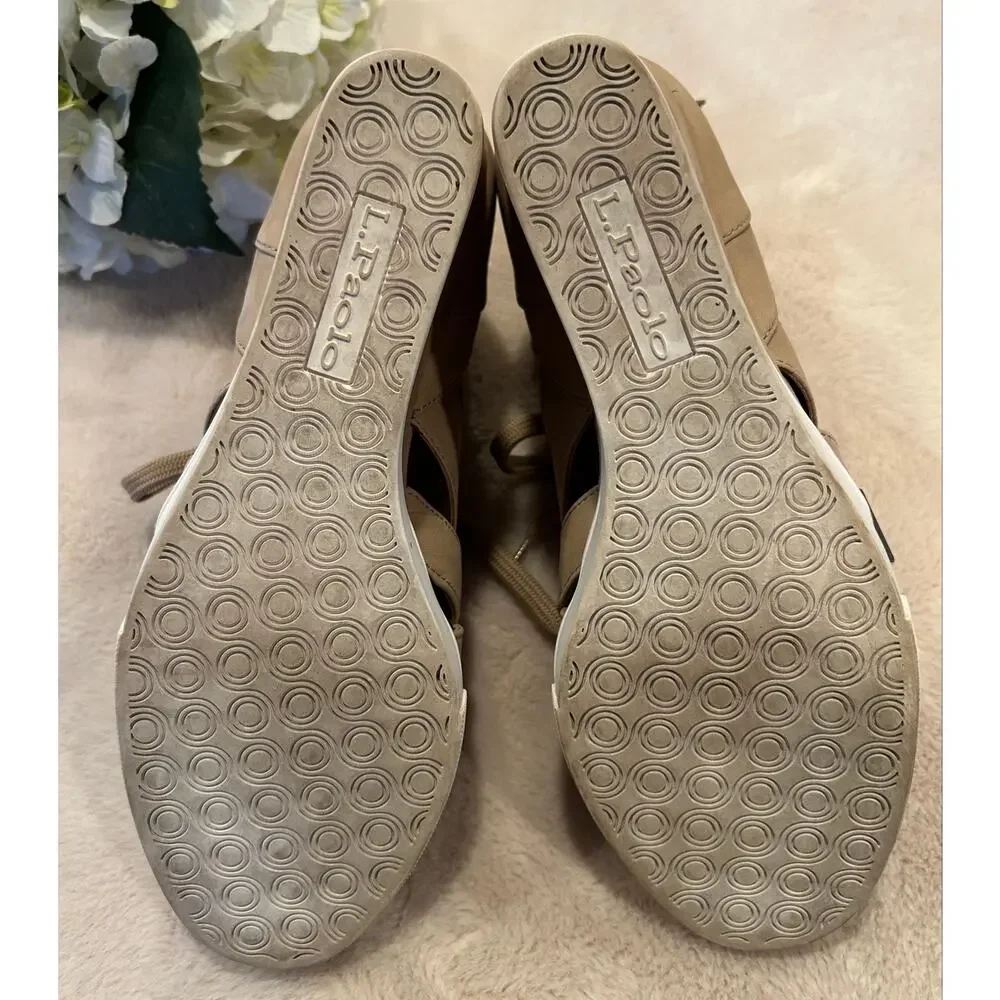 LINEA PAOLO Fave Beige Tan Cutout Wedge Lace-Up Sneaker with Buckle, Size  8.5
